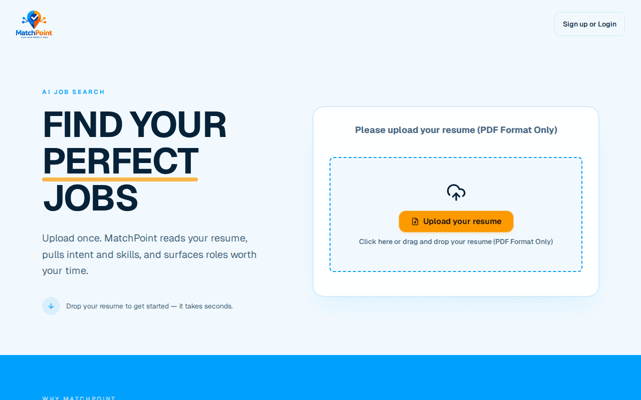 MatchPoint resume upload dropzone and preferences